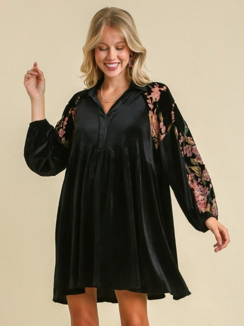 Umgee Velvet Floral Sheer Sleeve Black Dress Boho Witchy Size L
